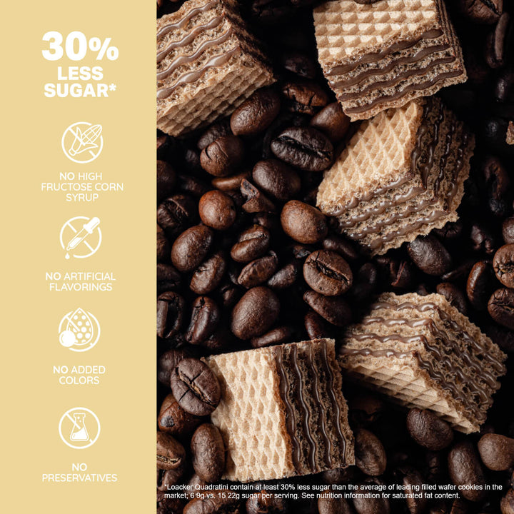 Quadratini Tiramisù, Creme-Filled Wafer Cookies, 7.76 oz. Bag - 30% Less Sugar*; No High Fructose CornSyrup; No Artificial Flavorings; No Added Colors; No Preservative; *Loacker Quatrain contain at least 30% less sugar than the average leading filled wafer cookies on the market; 6 9g vs. 15 22g sugar per serving. See Nutrition Information for saturated fat content.