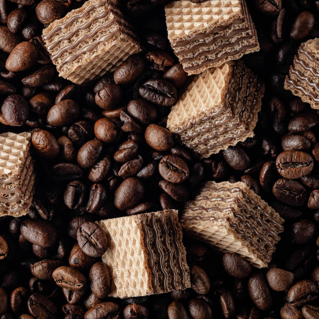 Quadratini Tiramisù, Creme-Filled Wafer Cookies, 7.76 oz. Bag closed up with coffee beans