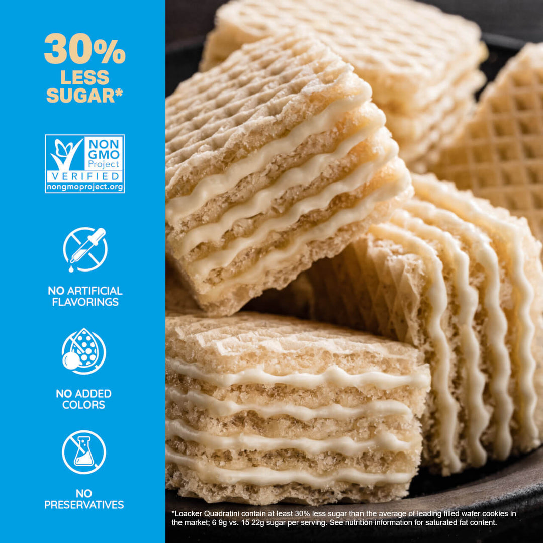 Quadratini Vanilla, Creme-Filled Wafer Cookies, 8.82 oz. Bag - 30% Less Sugar*; Non-GMO; No Artificial Flavorings; No Added Colors; No Preservative; *Loacker Quatrain contain at least 30% less sugar than the average leading filled wafer cookies on the market; 6 9g vs. 15 22g sugar per serving. See Nutrition Information for saturated fat content.