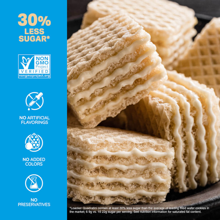 Quadratini Vanilla, Creme-Filled Wafer Cookies, 8.82 oz. Bag - 30% Less Sugar*; Non-GMO; No Artificial Flavorings; No Added Colors; No Preservative; *Loacker Quatrain contain at least 30% less sugar than the average leading filled wafer cookies on the market; 6 9g vs. 15 22g sugar per serving. See Nutrition Information for saturated fat content.