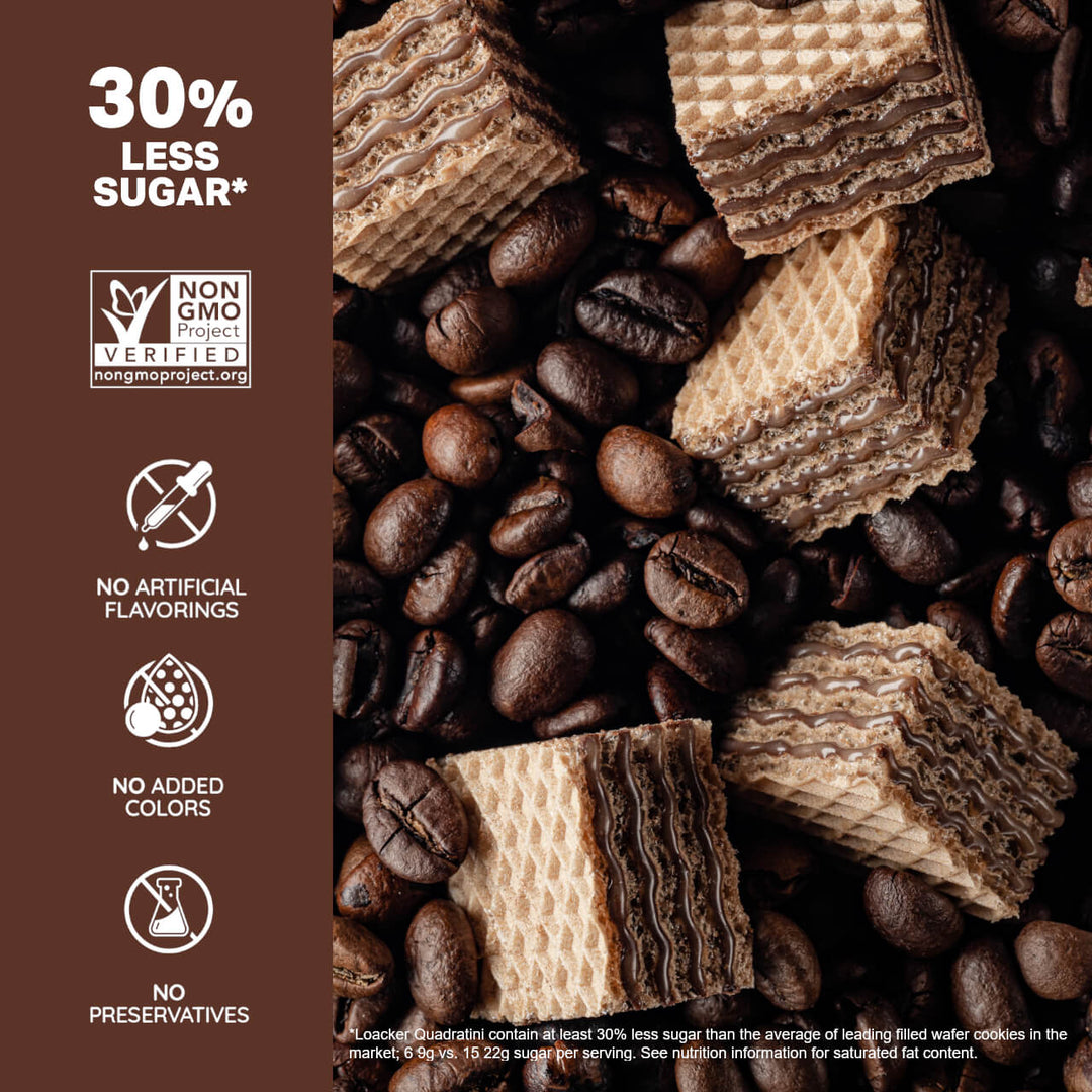 Quadratini Espresso, Creme-Filled Wafer Cookies, 7.76 oz. Bag  - 30% Less Sugar*; Non-GMO; No Artificial Flavorings; No Added Colors; No Preservative; *Loacker Quatrain contain at least 30% less sugar than the average leading filled wafer cookies on the market; 6 9g vs. 15 22g sugar per serving. See Nutrition Information for saturated fat content.