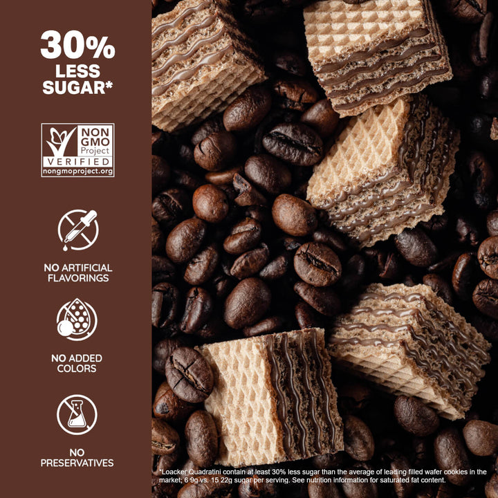 Quadratini Espresso, Creme-Filled Wafer Cookies, 7.76 oz. Bag  - 30% Less Sugar*; Non-GMO; No Artificial Flavorings; No Added Colors; No Preservative; *Loacker Quatrain contain at least 30% less sugar than the average leading filled wafer cookies on the market; 6 9g vs. 15 22g sugar per serving. See Nutrition Information for saturated fat content.