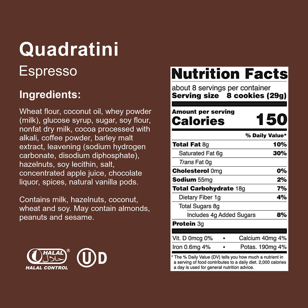 Quadratini Espresso, Creme-Filled Wafer Cookies, 7.76 oz. Bag  - Nutrition Facts Panel