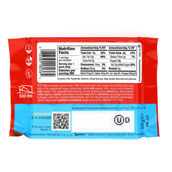 Loacker Chocolate Milk Crème & Crispy Wafer Bar, 1.94 oz.  - Nutrition Facts Panel