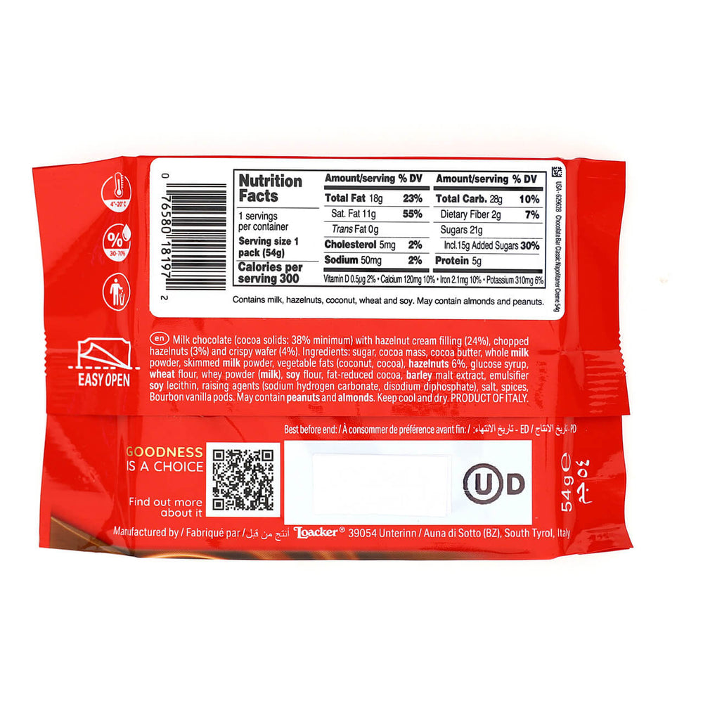 Loacker Napolitaner Hazelnut Crème & Crispy Wafer Bar, 1.94 oz. - Nutrition Facts Panel