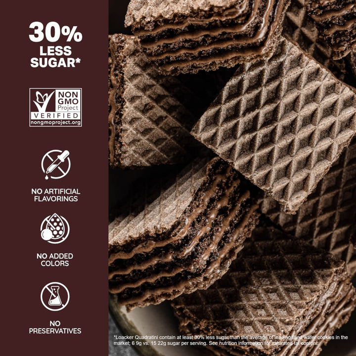 Quadratini Double Chocolate, Creme-Filled Wafer Cookies, 8.82 oz. Bag - 30% Less Sugar*; Non-GMO; No Artificial Flavorings; No Added Colors; No Preservative; *Loacker Quatrain contain at least 30% less sugar than the average leading filled wafer cookies on the market; 6 9g vs. 15 22g sugar per serving. See Nutrition Information for saturated fat content.
