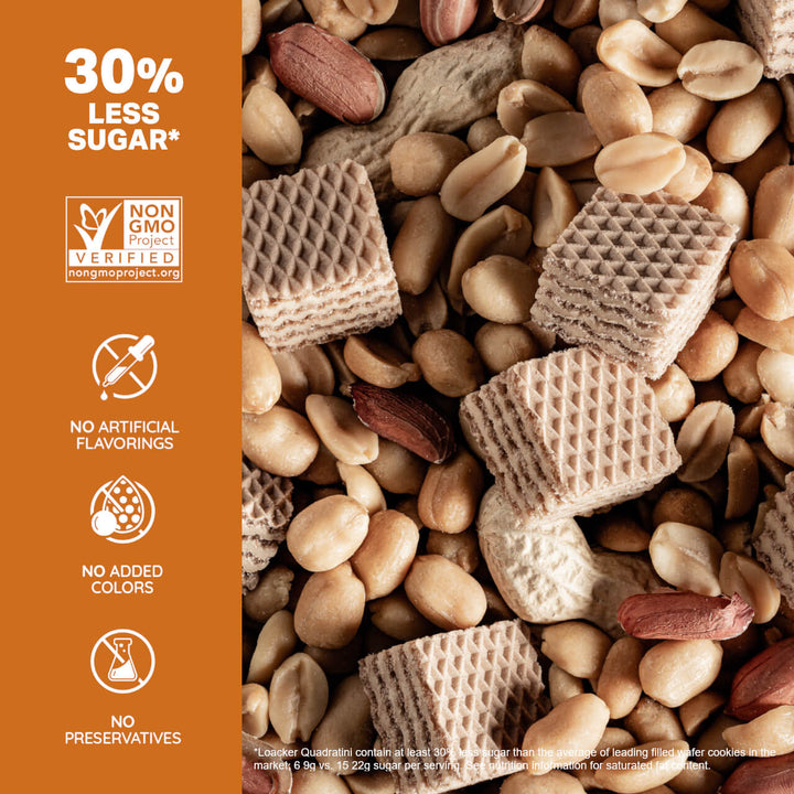 Quadratini Peanut Butter, Creme-Filled Wafer Cookies, 8.82 oz. Bag - 30% Less Sugar*; Non-GMO; No Artificial Flavorings; No Added Colors; No Preservative; *Loacker Quatrain contain at least 30% less sugar than the average leading filled wafer cookies on the market; 6 9g vs. 15 22g sugar per serving. See Nutrition Information for saturated fat content.