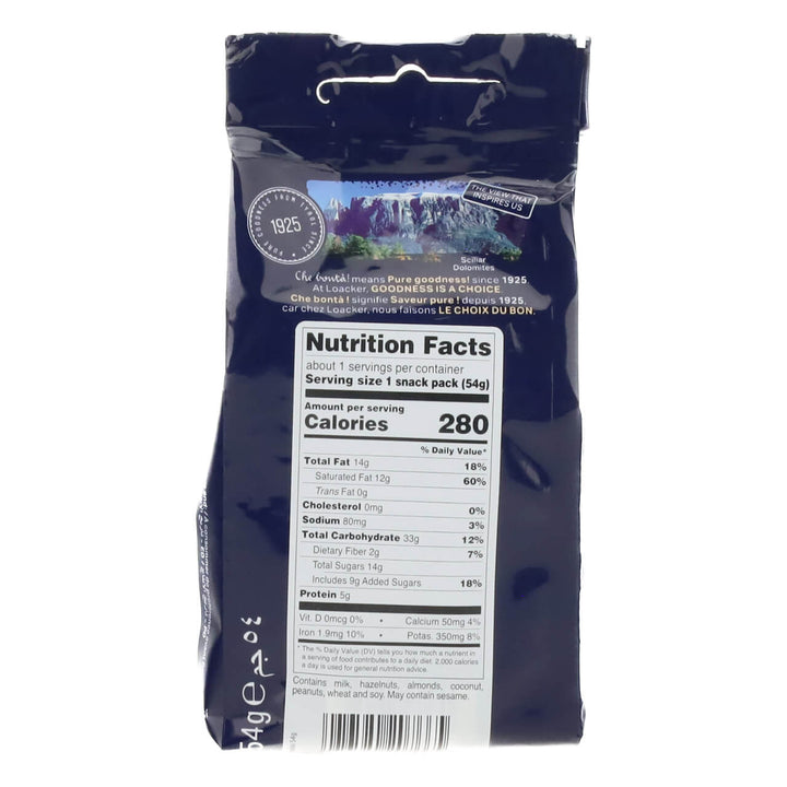 Nutrition facts label on Loacker Quadratini chocolate cookies with a white background