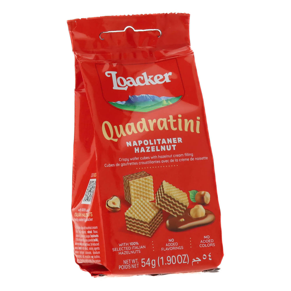 Loacker Quadratini Napolitaner Hazelnut cookie package on a white background