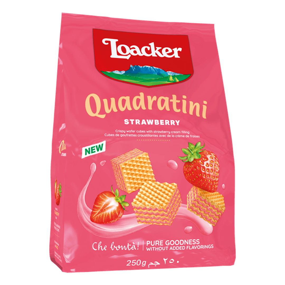 Pink Loacker Quadratini Strawberry packaging with wafer cubes and strawberries. Text highlights "New," "Pure Goodness," and "250g." Enticing and fresh.