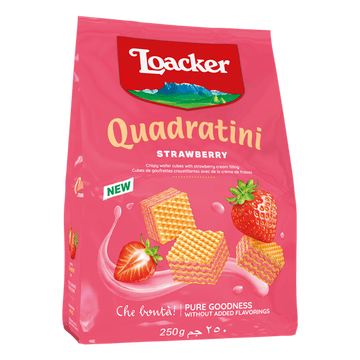 Pink Loacker Quadratini Strawberry packaging with wafer cubes and strawberries. Text highlights "New," "Pure Goodness," and "250g." Enticing and fresh.