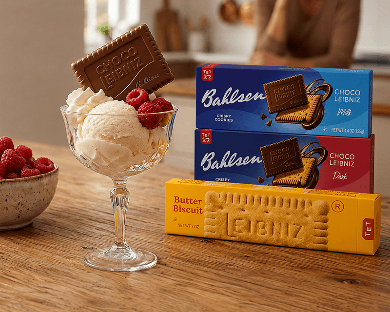 A dessert glass filled with vanilla ice cream, topped with raspberries and a Choco Leibniz biscuit. Boxes of Bahlsen Choco Leibniz biscuits are stacked nearby on a wooden table, alongside a bowl of raspberries. The scene feels indulgent and inviting.