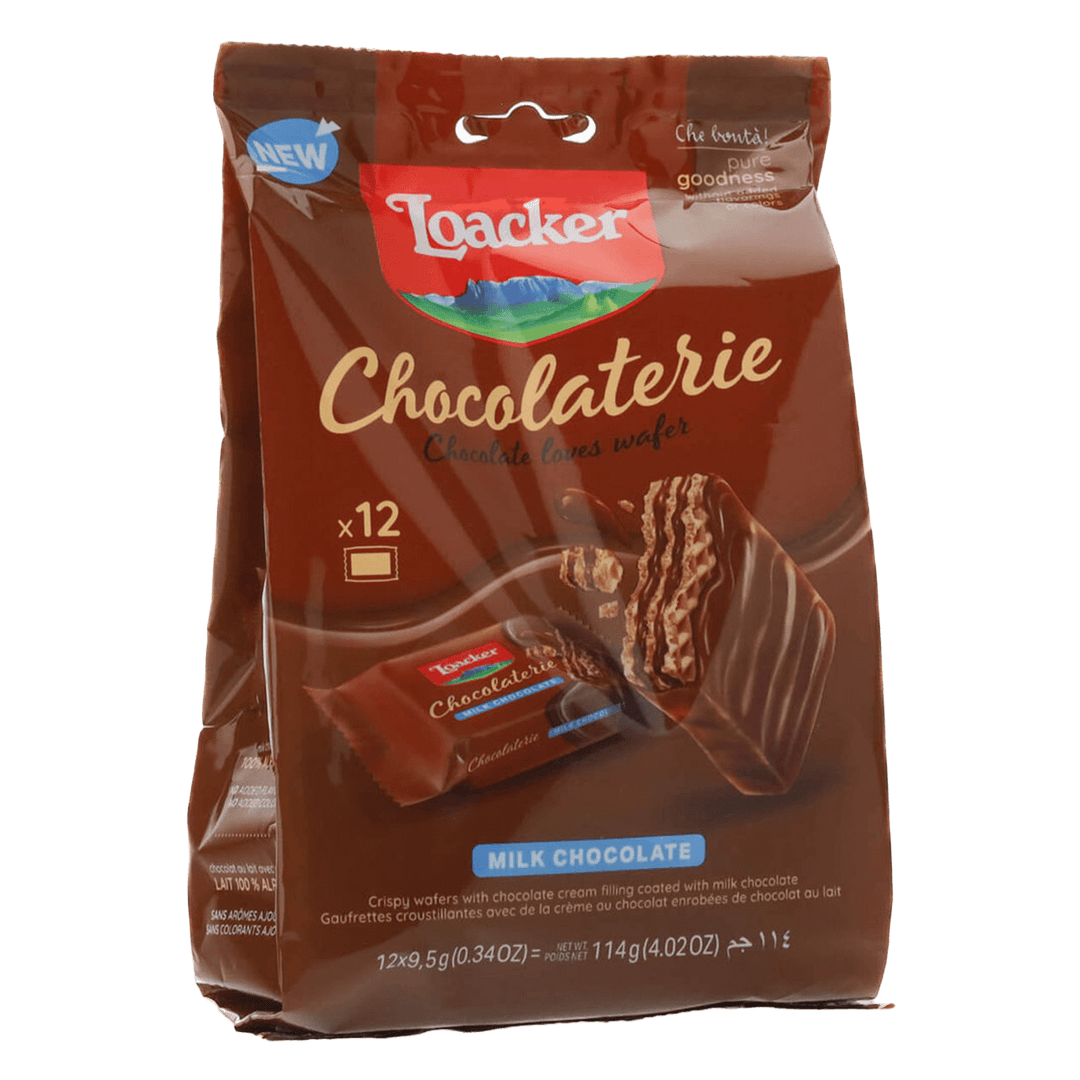 Loacker Chocolaterie Milk Chocolate bag featuring images of chocolate-covered wafers. The package is brown with red and gold accents, conveying indulgence.