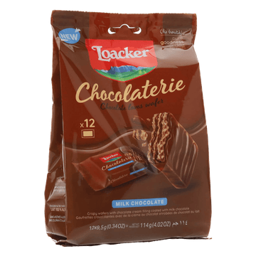 Loacker Chocolaterie Milk Chocolate bag featuring images of chocolate-covered wafers. The package is brown with red and gold accents, conveying indulgence.