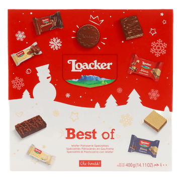 Loacker chocolate box with various chocolate pieces on a red background
