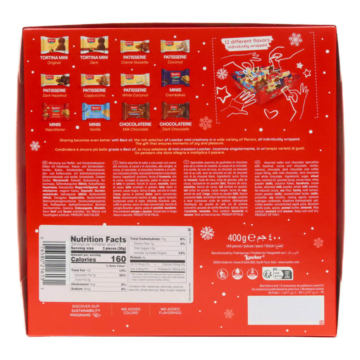 Red box with chocolate product images and nutrition facts on a white background