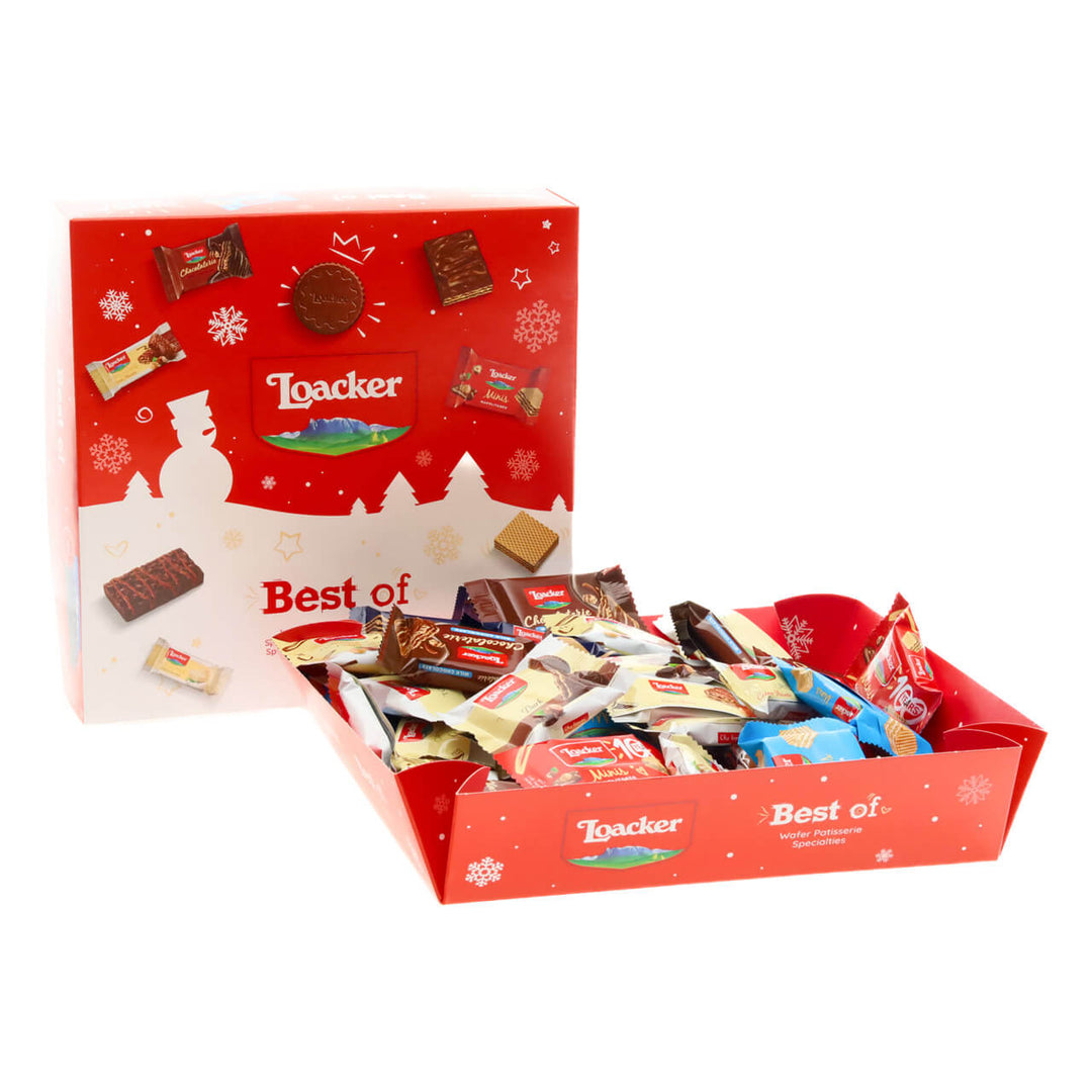 Loacker chocolate box with various chocolate bars on a white background