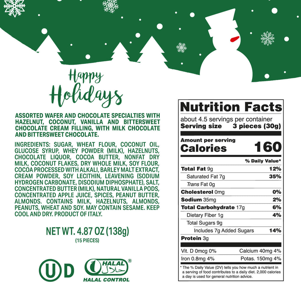 Nutrition label with holiday design featuring a snowman and trees on a green background.