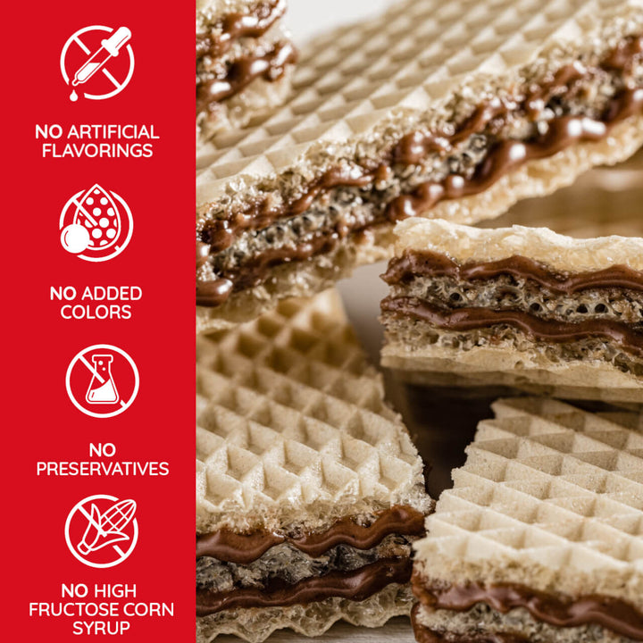 Wafers with chocolate filling on a red background with health claims text.
