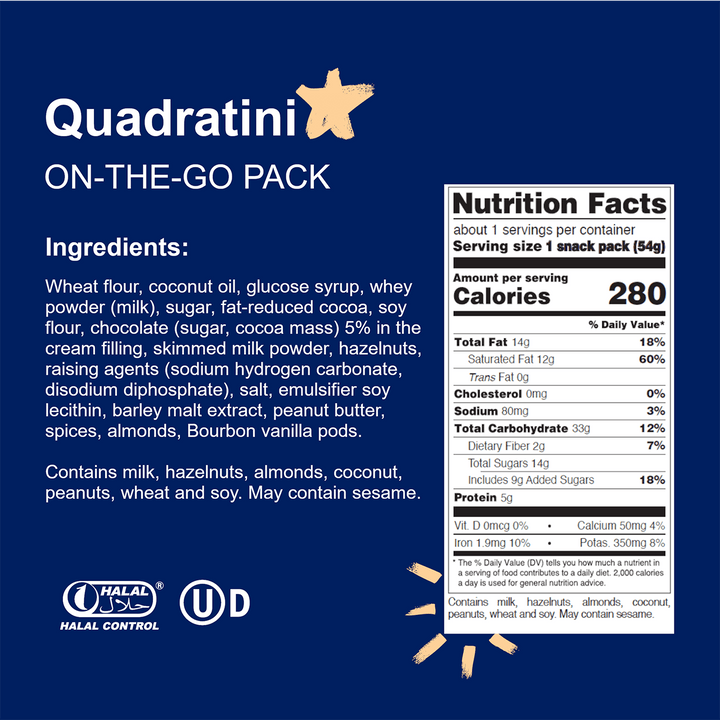 Quadratini on-the-go pack with ingredients and nutrition facts label