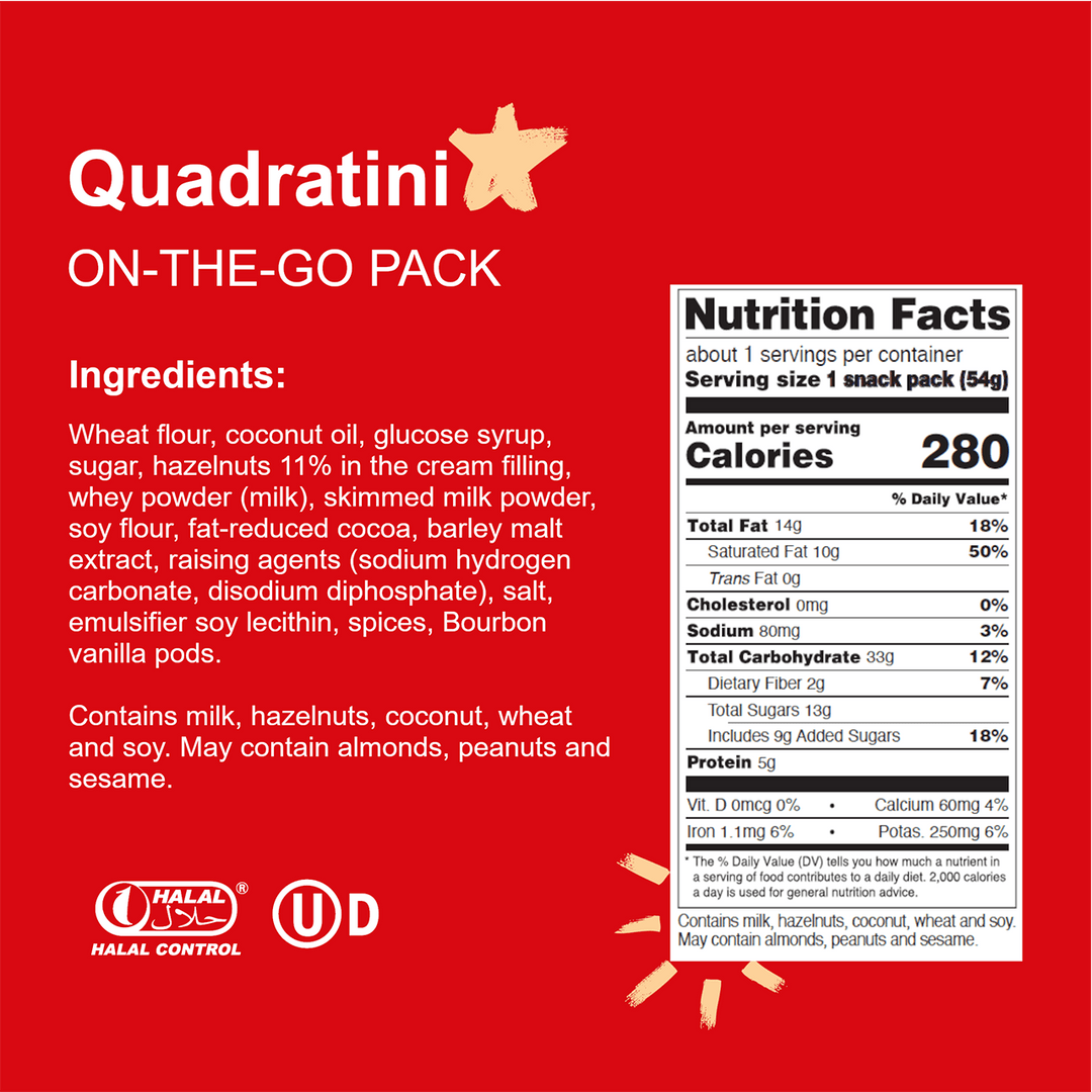 Quadratini snack pack label with ingredients and nutrition facts