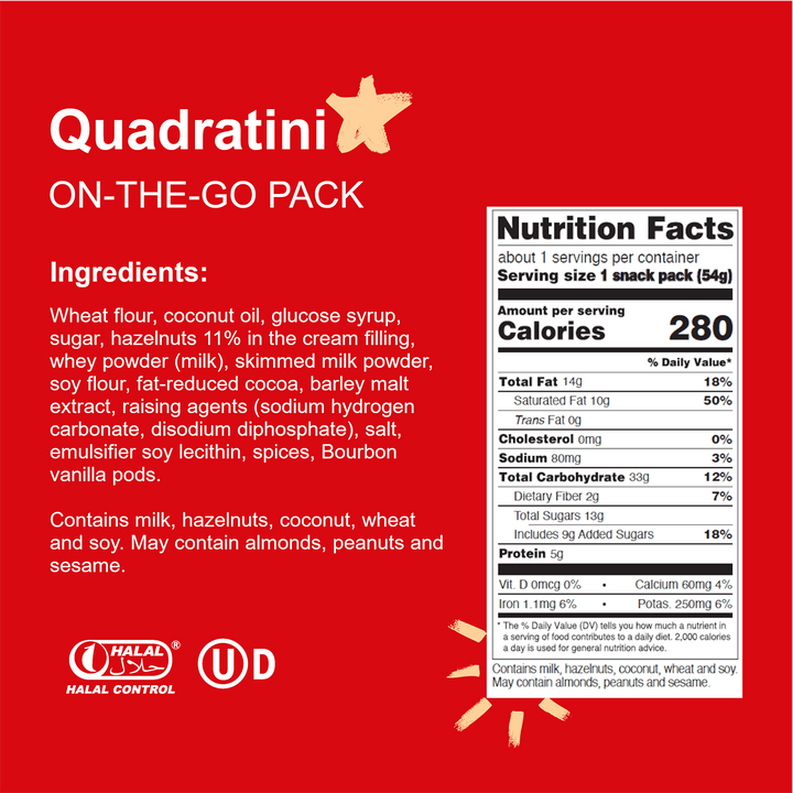 Quadratini snack pack label with ingredients and nutrition facts