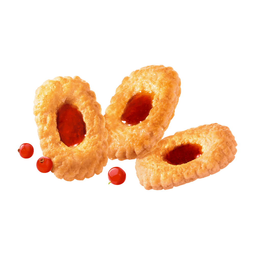 Three cookies with red centers