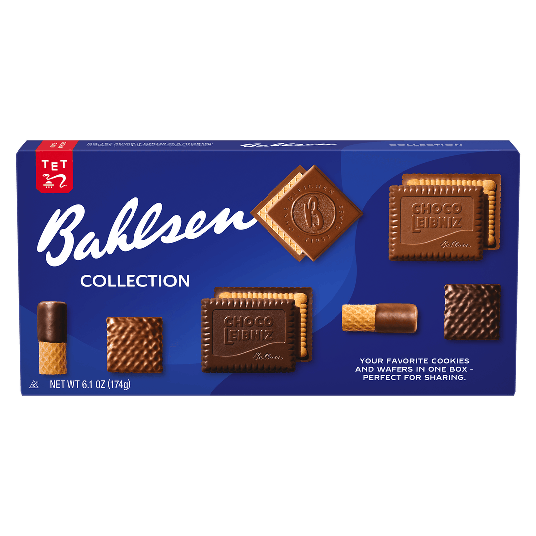 Bahlsen cookie collection box with a blue background. Features chocolate-covered wafer biscuits and cookies. Label highlights sharing and variety.