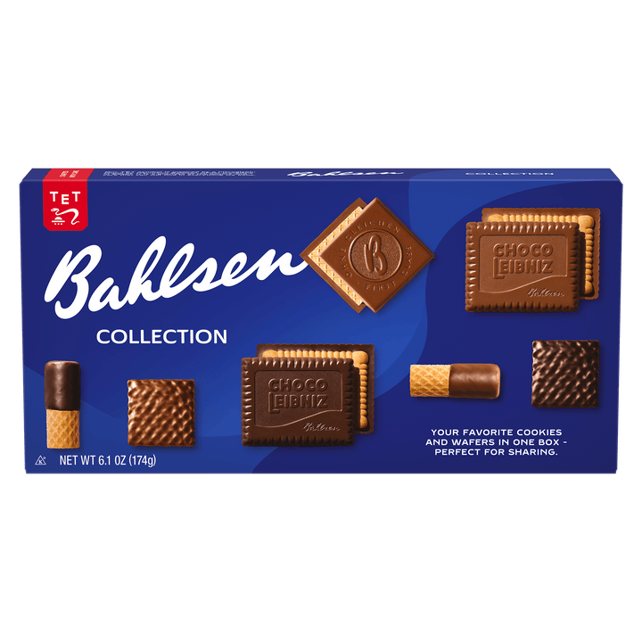 Bahlsen cookie collection box with a blue background. Features chocolate-covered wafer biscuits and cookies. Label highlights sharing and variety.