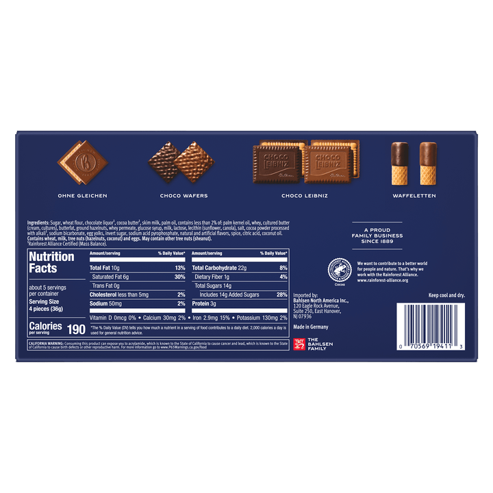 Back of a chocolate wafer packaging with nutritional information and branding details.