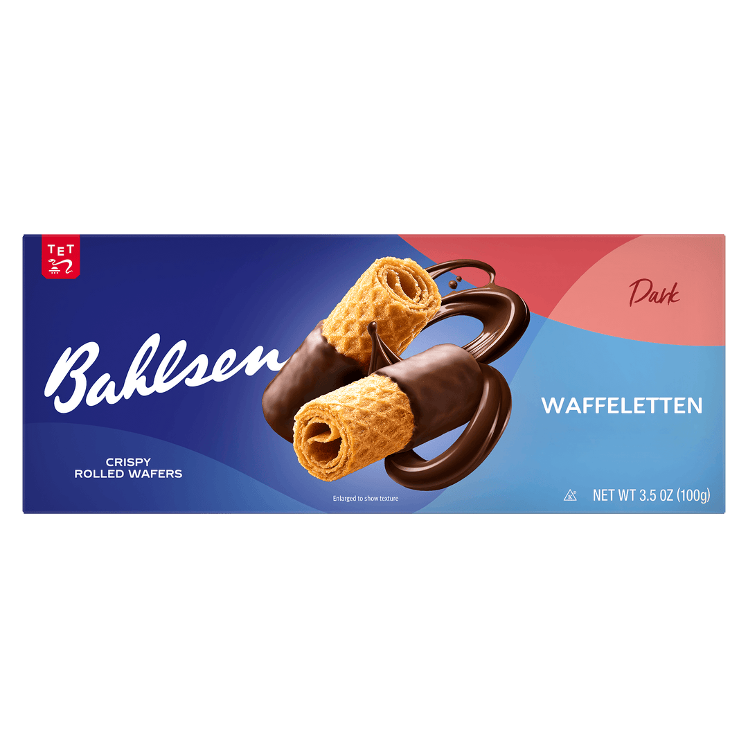 Bahlsen Waffeletten dark chocolate wafer packaging on a blue and red background