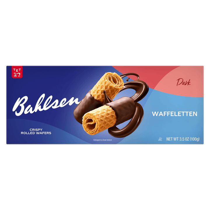 Bahlsen Waffeletten dark chocolate wafer packaging on a blue and red background