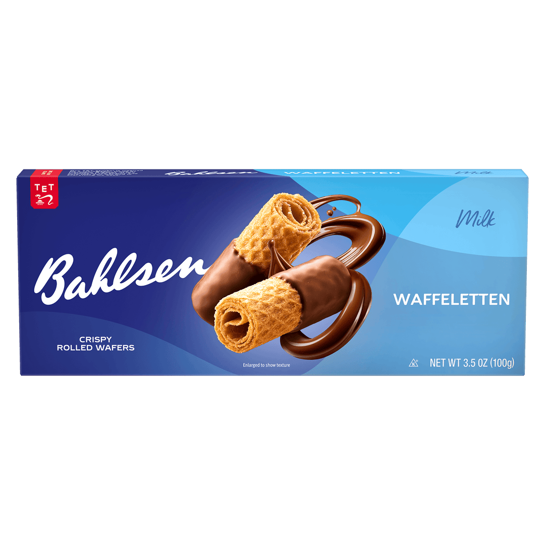 Box of Bahlsen Waffeletten with chocolate and wafer rolls on a blue background