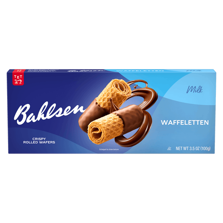 Box of Bahlsen Waffeletten with chocolate and wafer rolls on a blue background