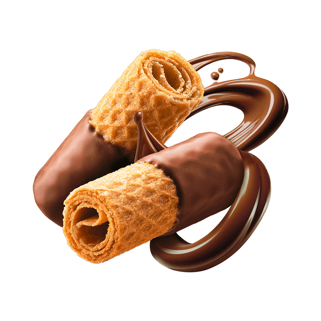 Two chocolate-dipped pastries with a swirl of chocolate 
