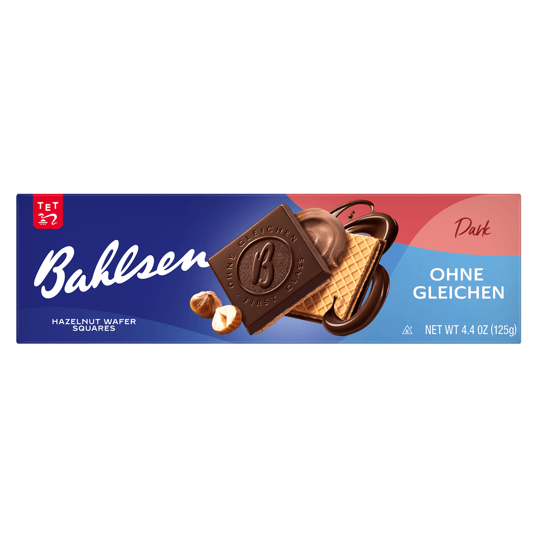 Bahlsen hazelnut wafer squares packaging with chocolate bar and cookies on a blue and red background