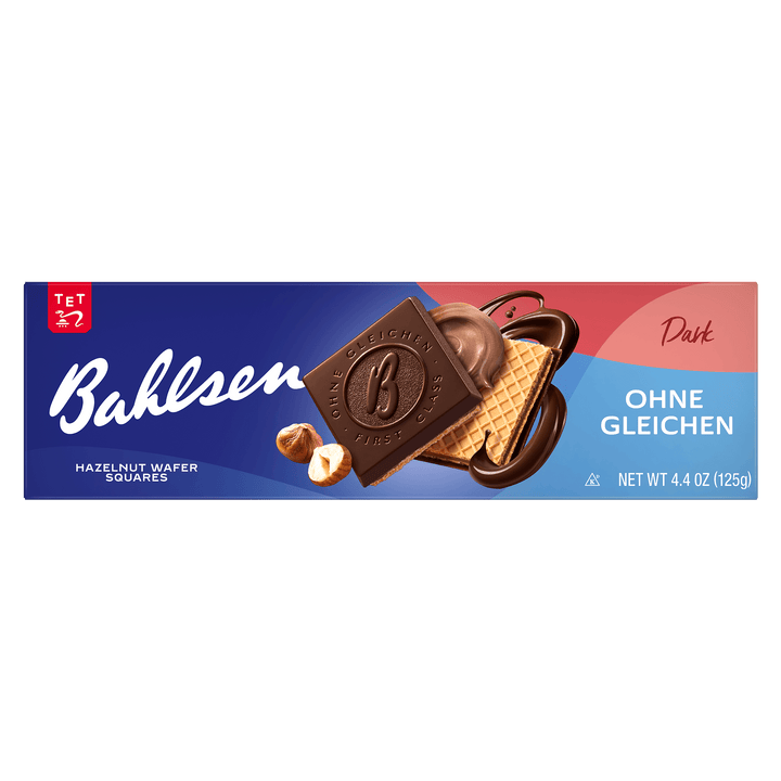 Bahlsen hazelnut wafer squares packaging with chocolate bar and cookies on a blue and red background