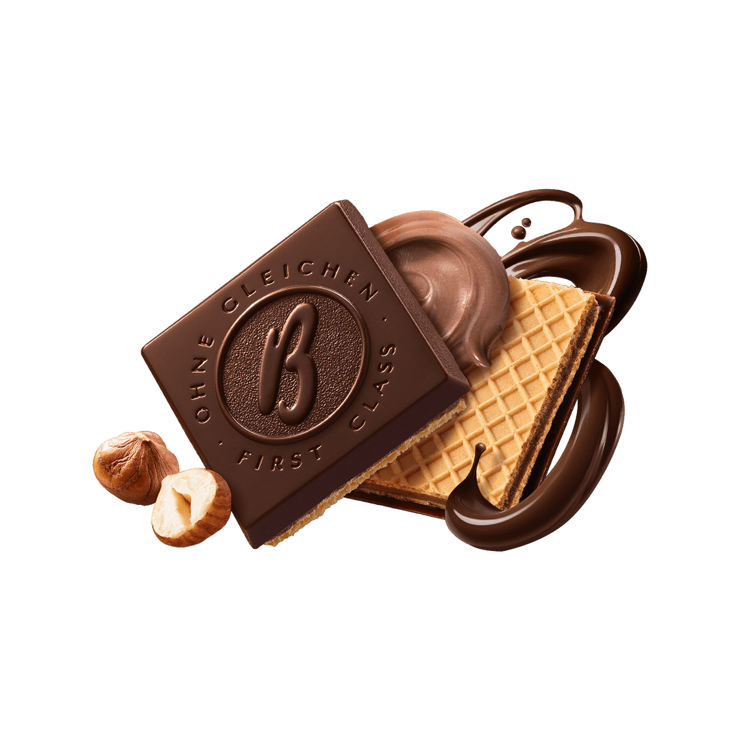 Chocolate bar with a brand logo, waffle cookies, and nuts 