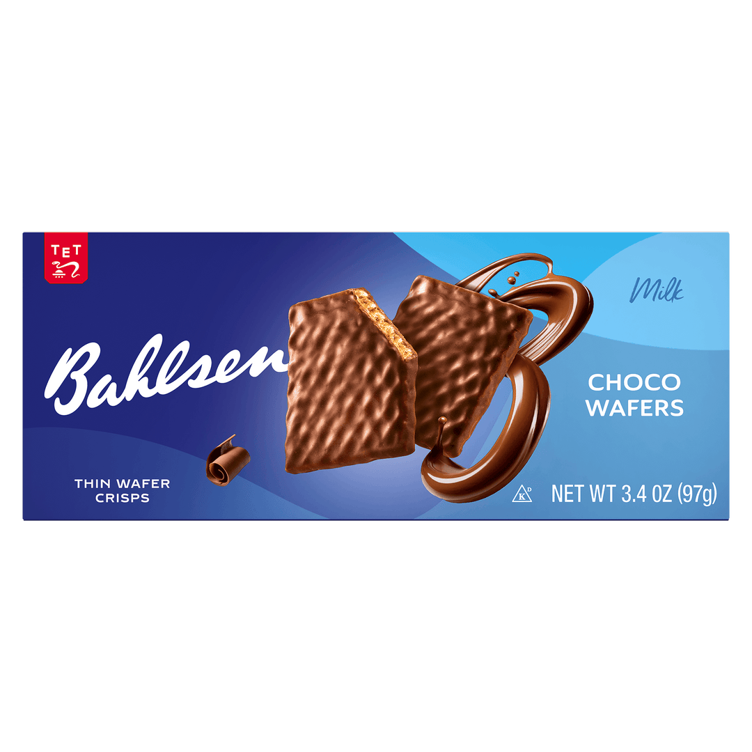 Bahlsen Choco Wafers packaging with a blue background