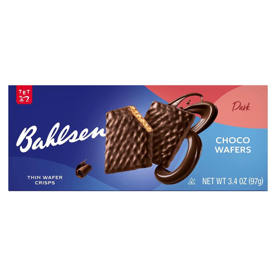 Bahlsen dark chocolate wafers packaging with a blue and pink background
