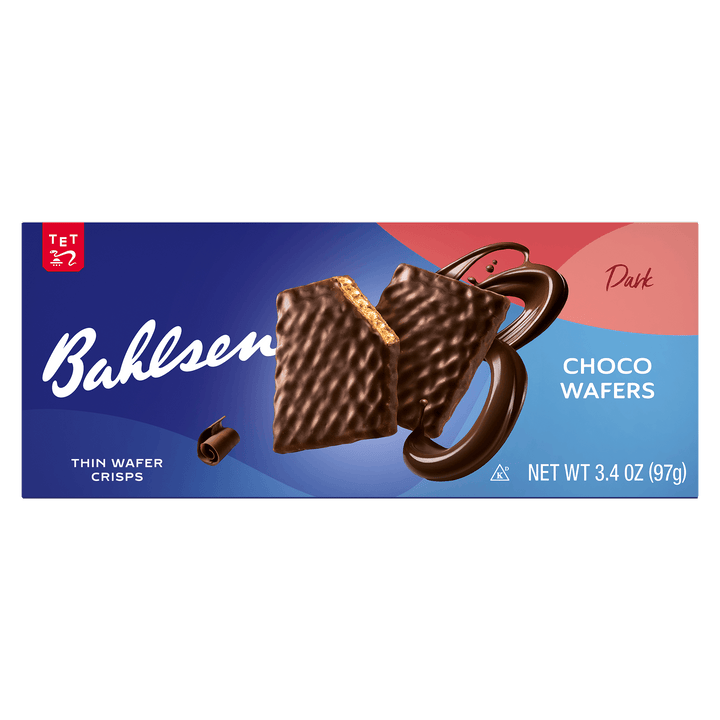 Bahlsen dark chocolate wafers packaging with a blue and pink background
