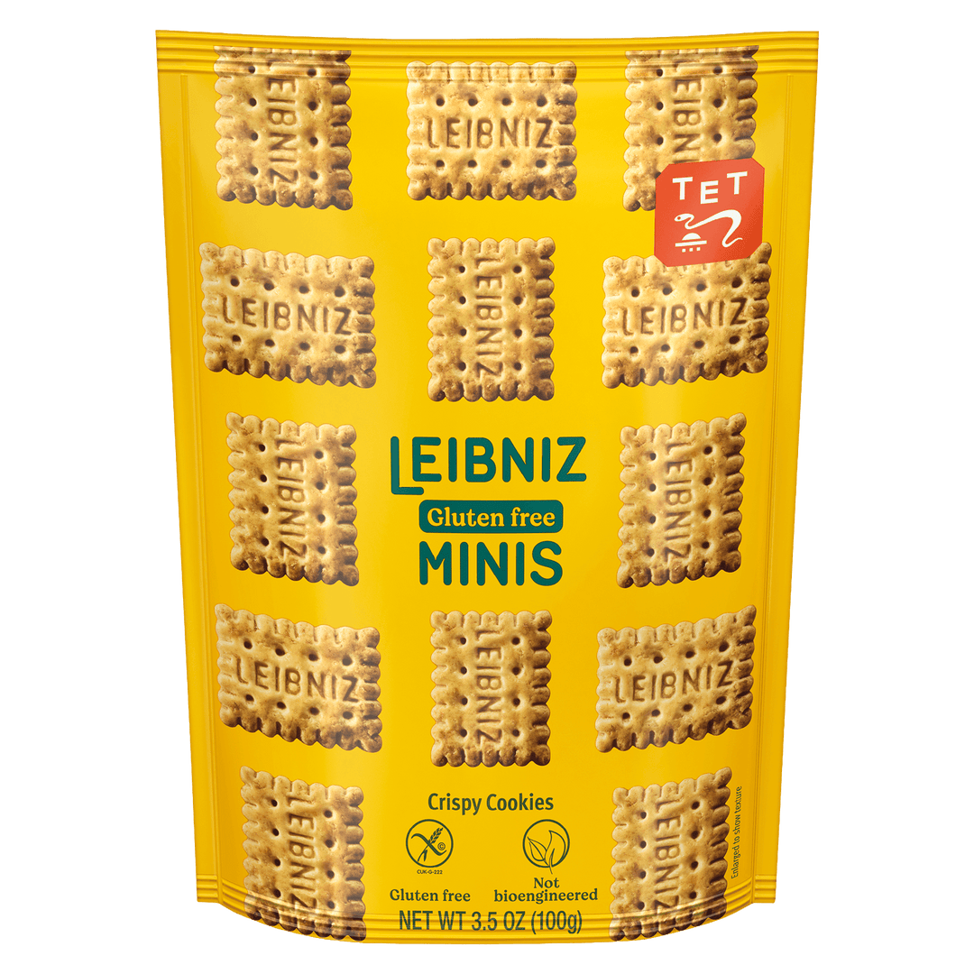 Yellow package of Leibniz gluten-free minis cookies with branding 