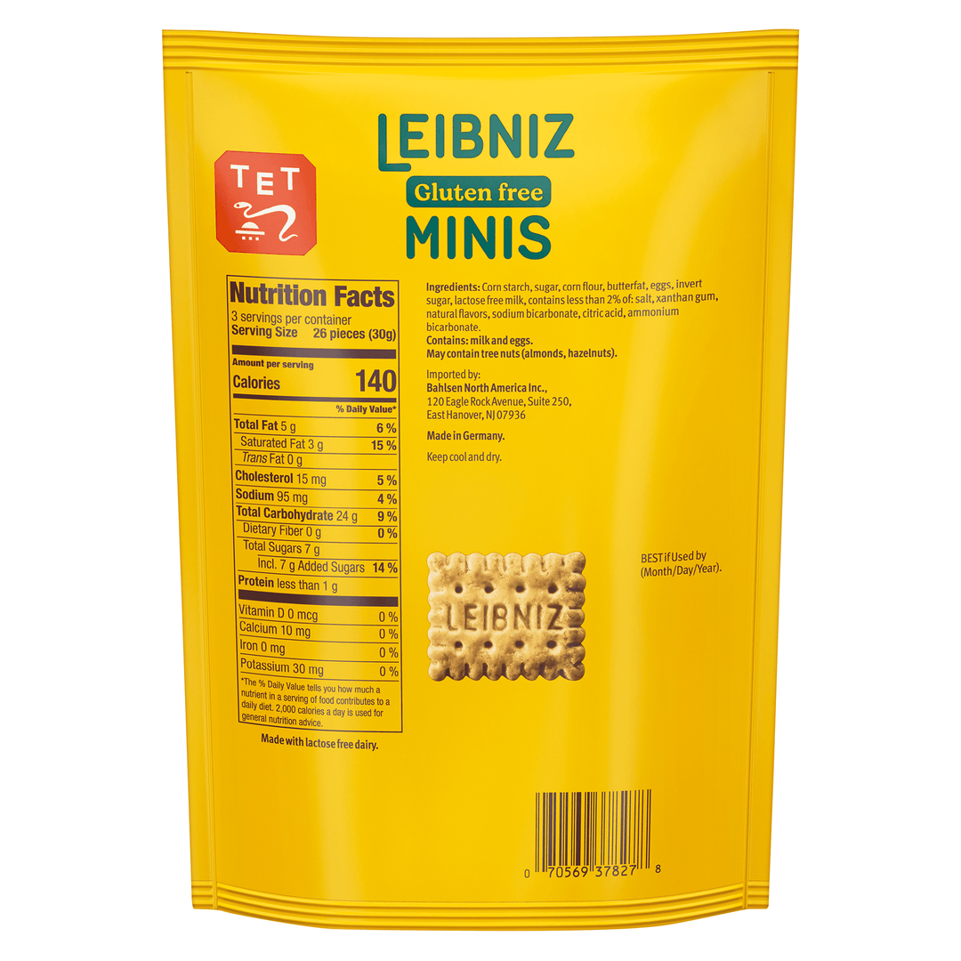Yellow package of Leibniz gluten-free minis with branding and nutritional information.