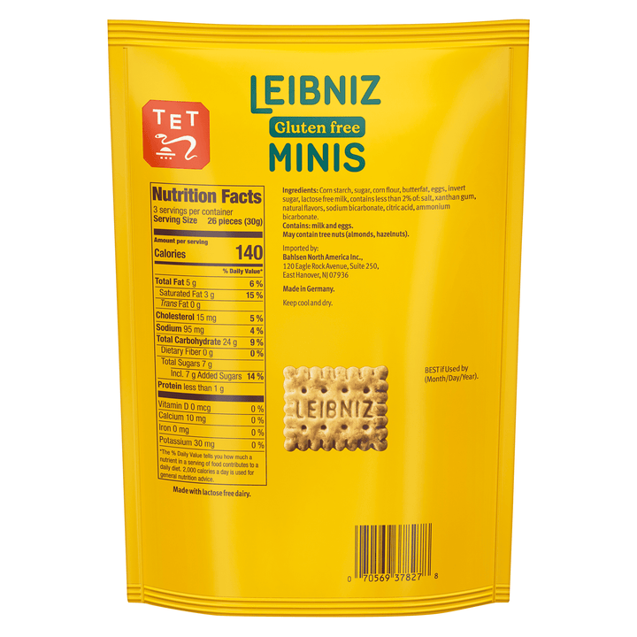 Yellow package of Leibniz gluten-free minis with branding and nutritional information.