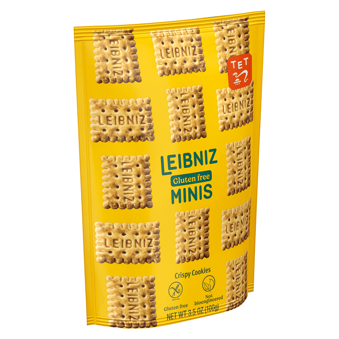 Packaging of Leibniz gluten-free minis cookies with a yellow background