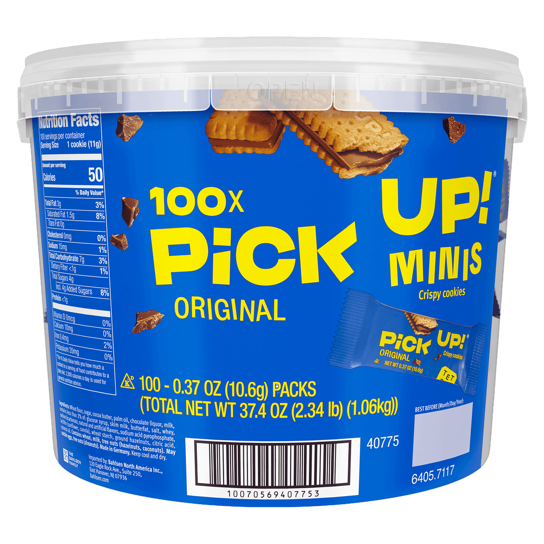 Blue container of Pick Up! Minis cookies with yellow text 