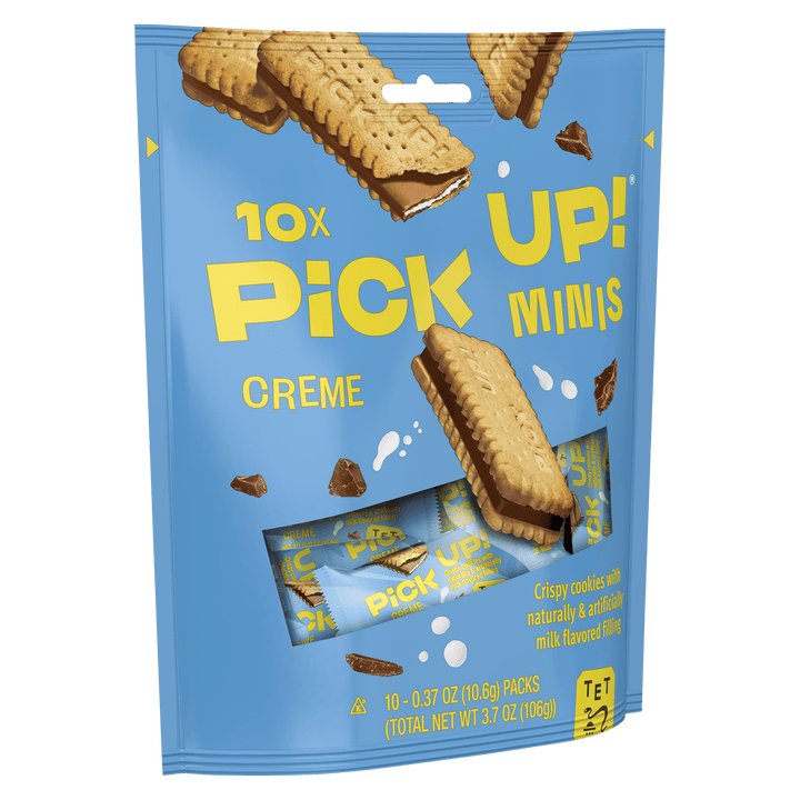 Packaging of '10x Pick Up Minis Creme' cookies with blue background and yellow text.
