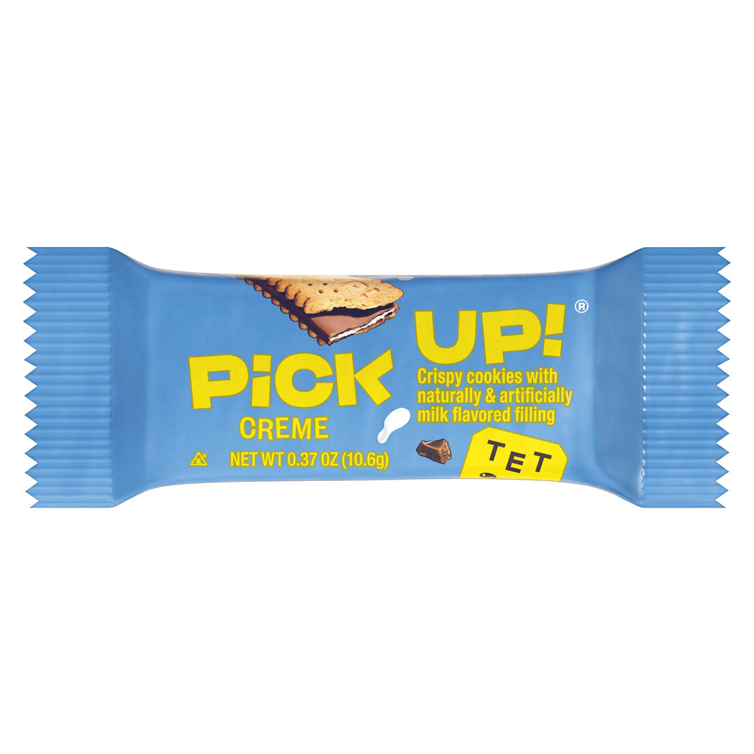 Blue and yellow package of Pick Up! Creme cookies on a white background