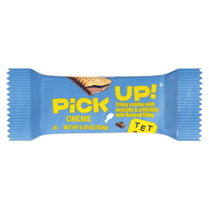 Blue and yellow package of Pick Up! Creme cookies on a white background
