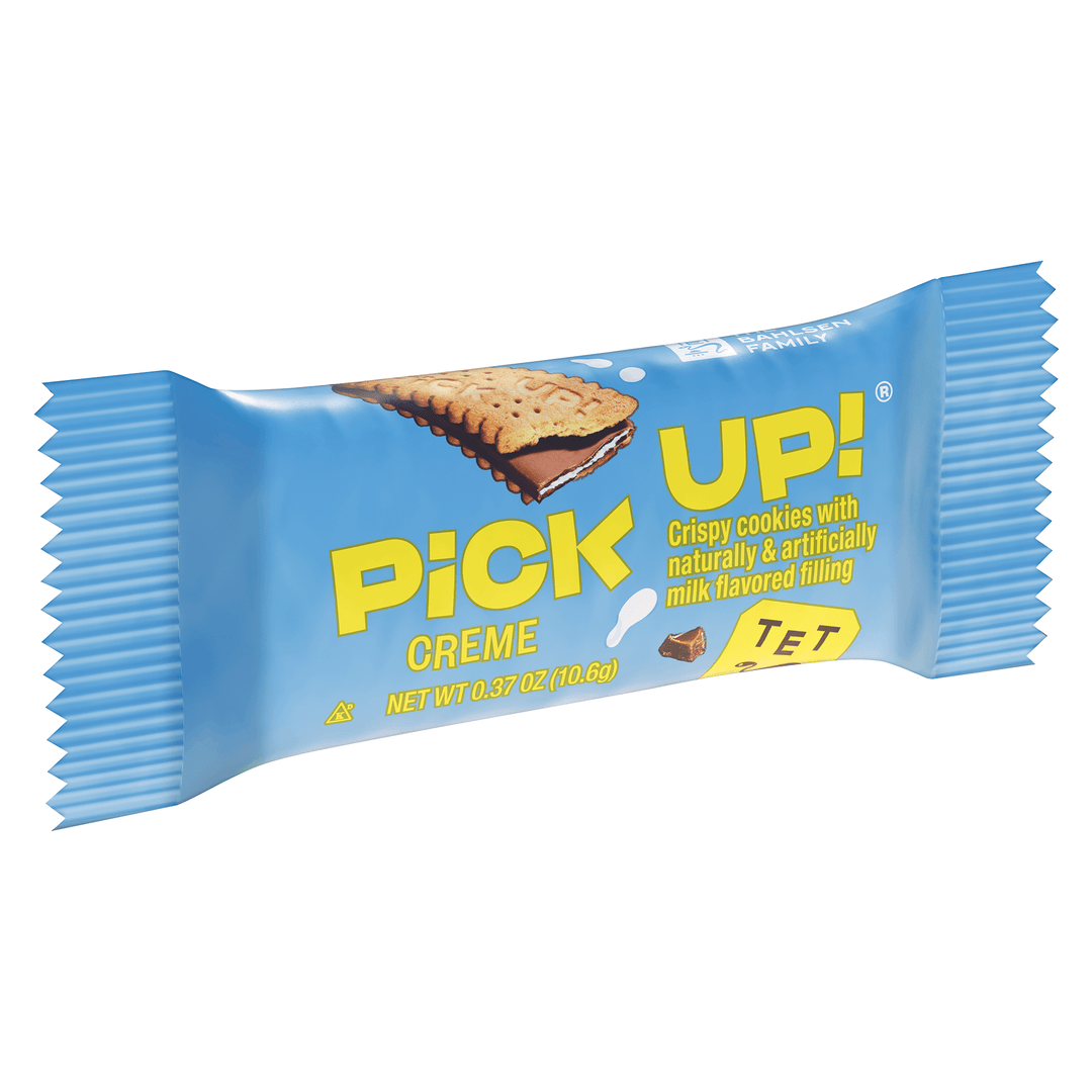 Blue package of Pick Up! Creme cookies with a bite taken out, on a white background